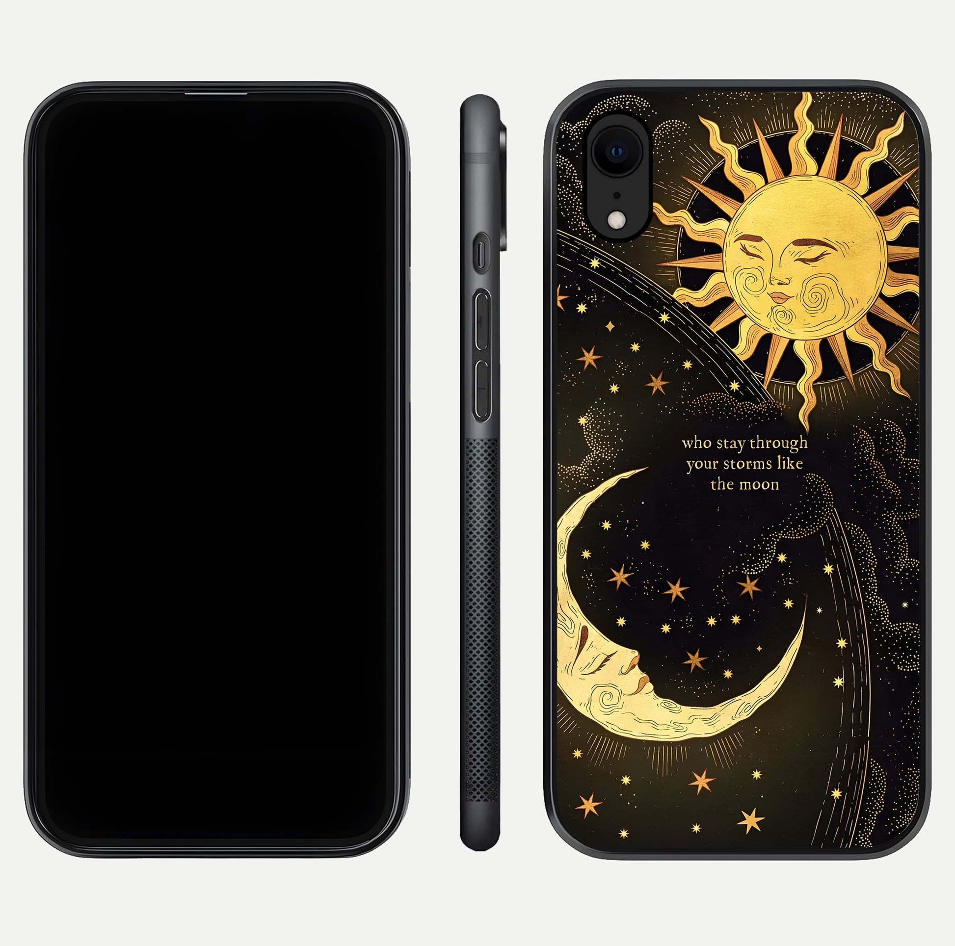 Golden Lunar Love Glass Case for iPhone Xr front and back view layout highlighting celestial tones and curved edges