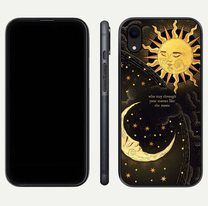 Golden Lunar Love Glass Case for iPhone Xr front and back view layout highlighting celestial tones and curved edges