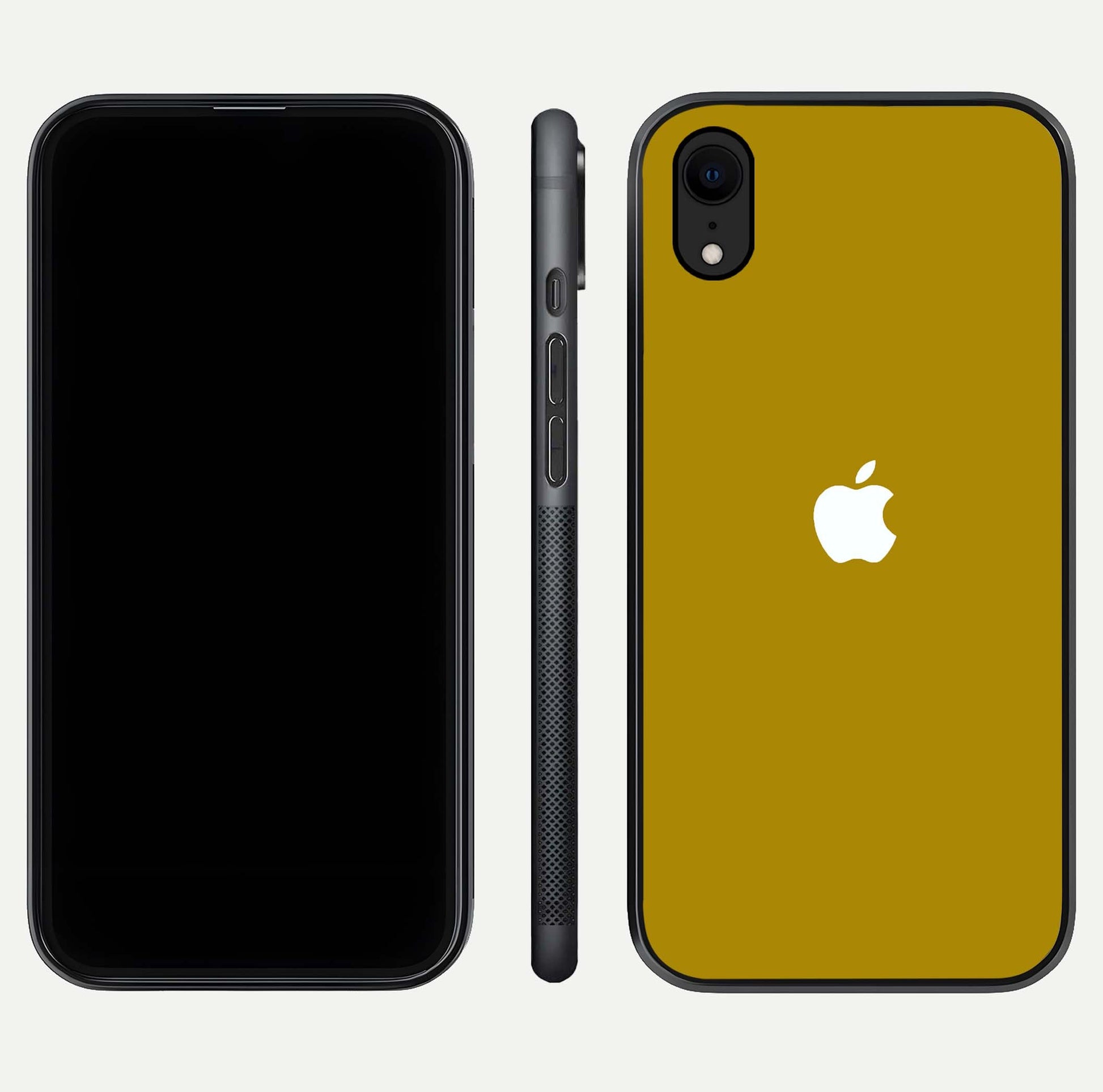 Golden Luxe Aura Glass Case for iPhone Xr front and back view layout highlighting premium tone and curved glass