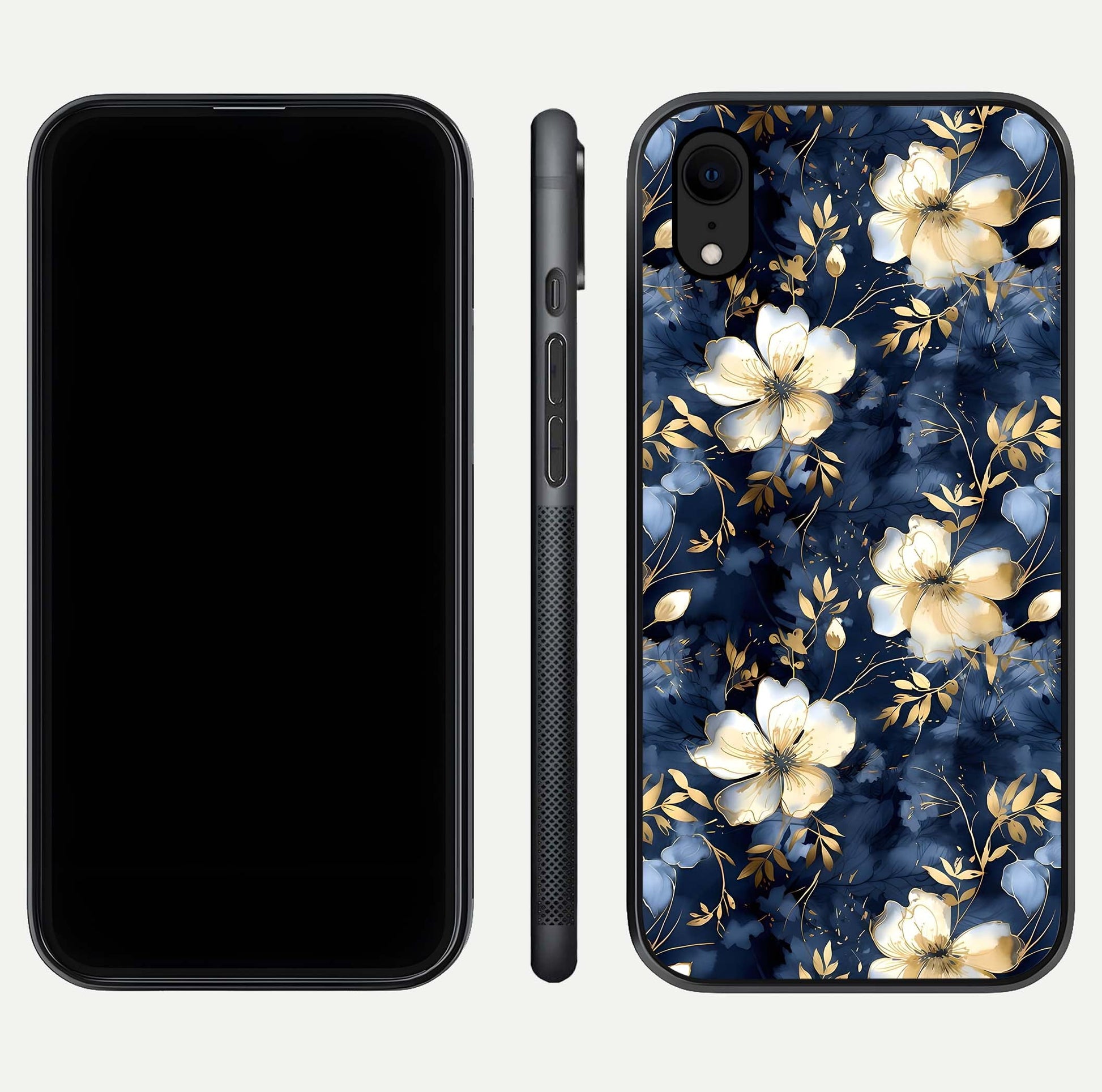 Golden Midnight Bloom Glass Case for iPhone Xr front and back view layout highlighting dark-gold tones and smooth curves
