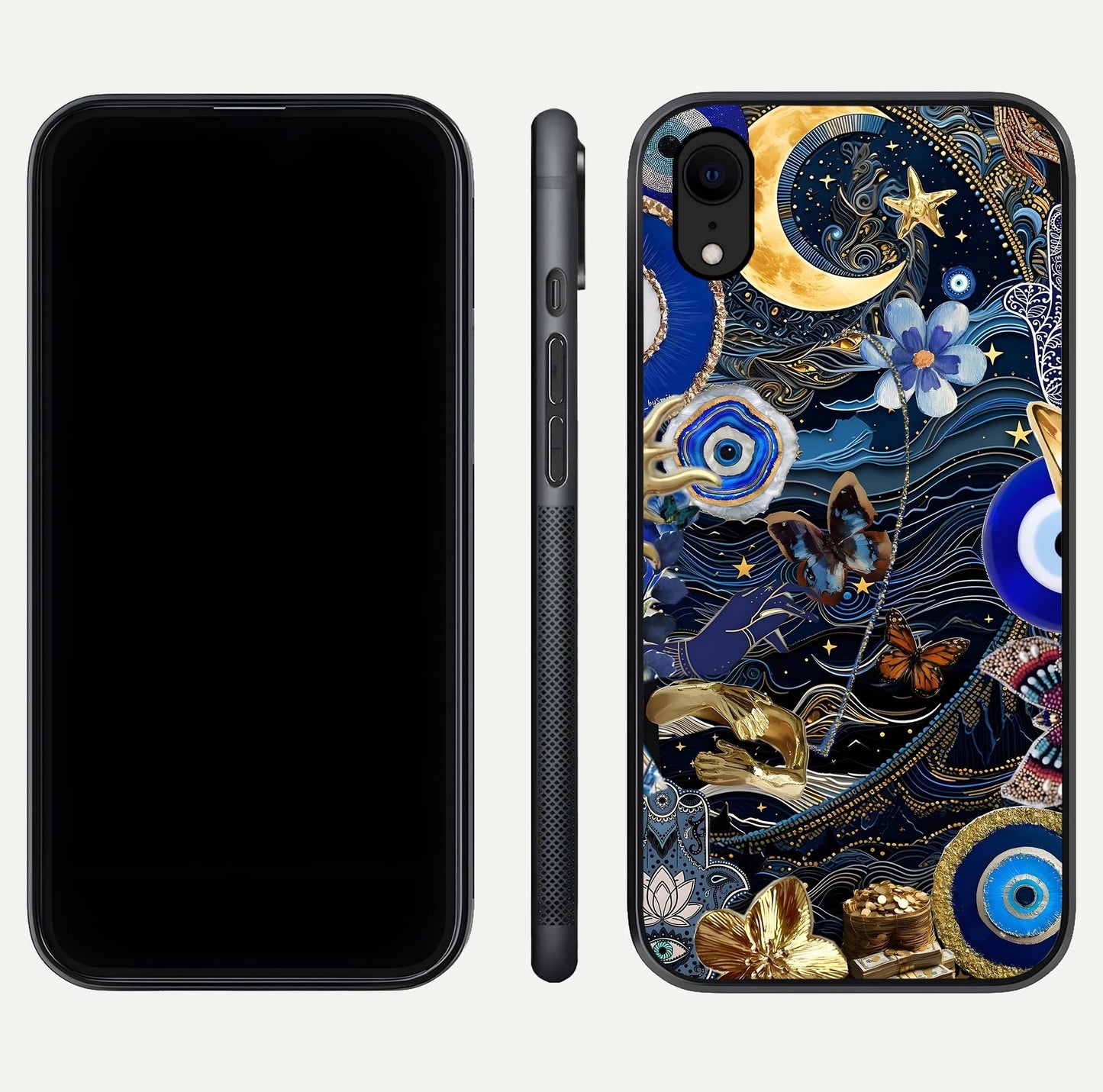 Golden Moon Magic Glass Case for iPhone Xr front and back view layout highlighting celestial tones and curved glass