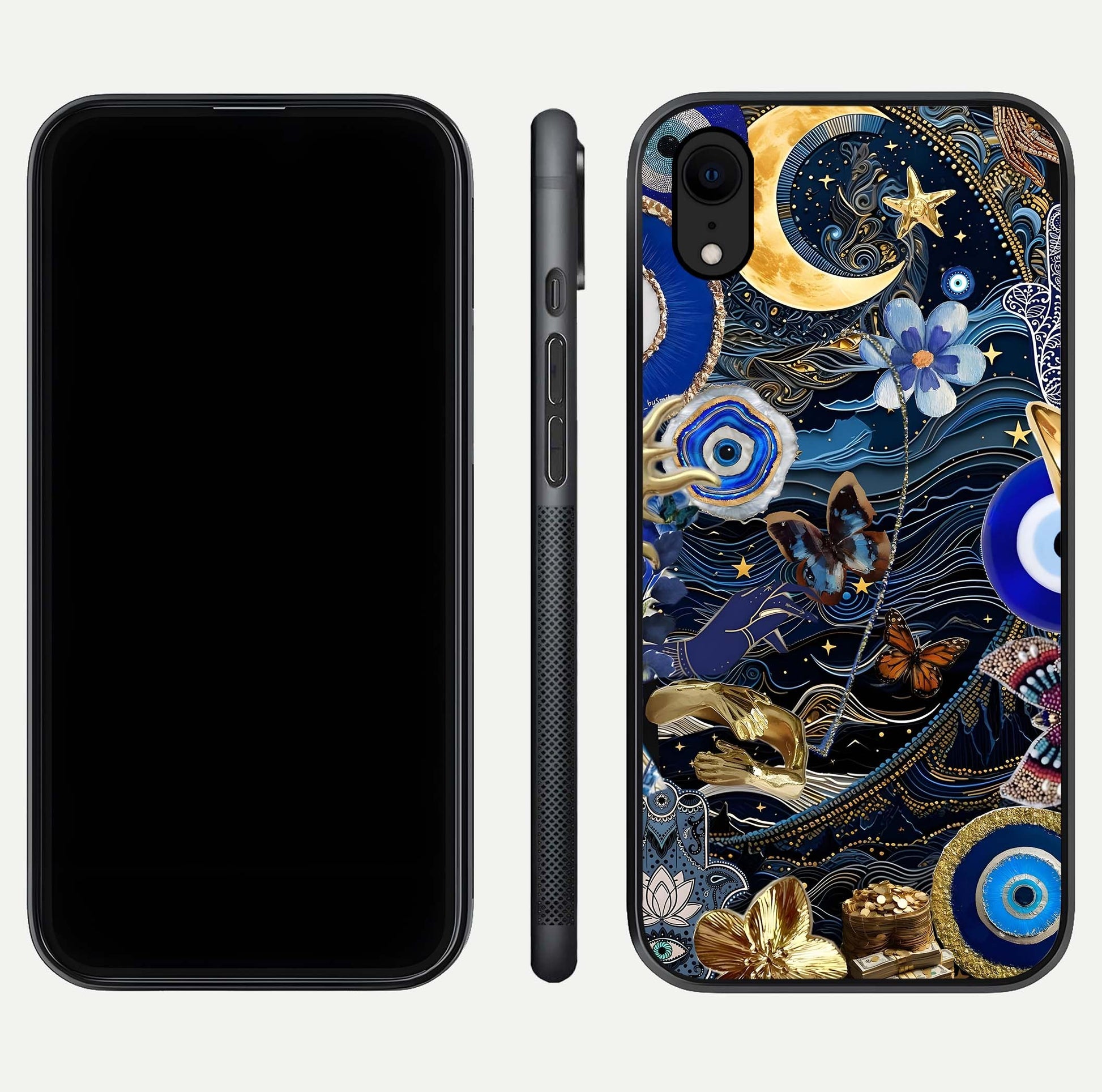 Golden Moon Magic Glass Case for iPhone Xr front and back view layout highlighting celestial tones and curved glass
