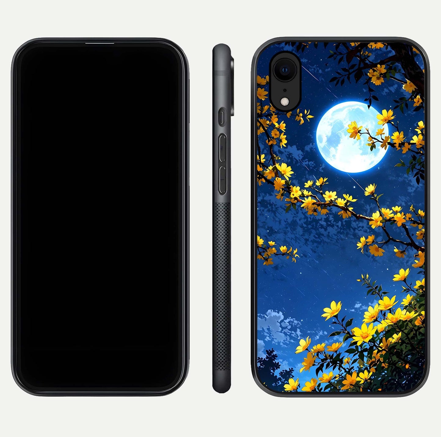 Golden Night Glow Glass Case for iPhone Xr front and back view layout displaying metallic glow and curved glass edge