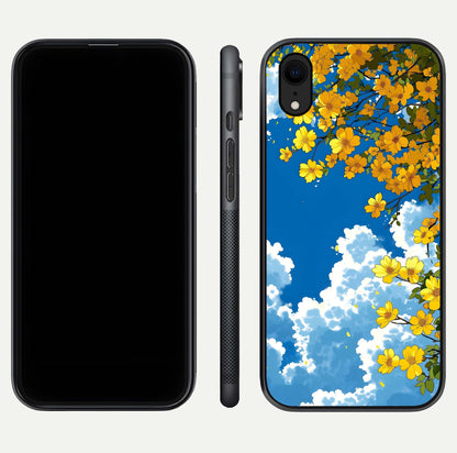 Golden Petal Sky Glass Case for iPhone Xr front and back view layout highlighting floral pattern and curved glass edges