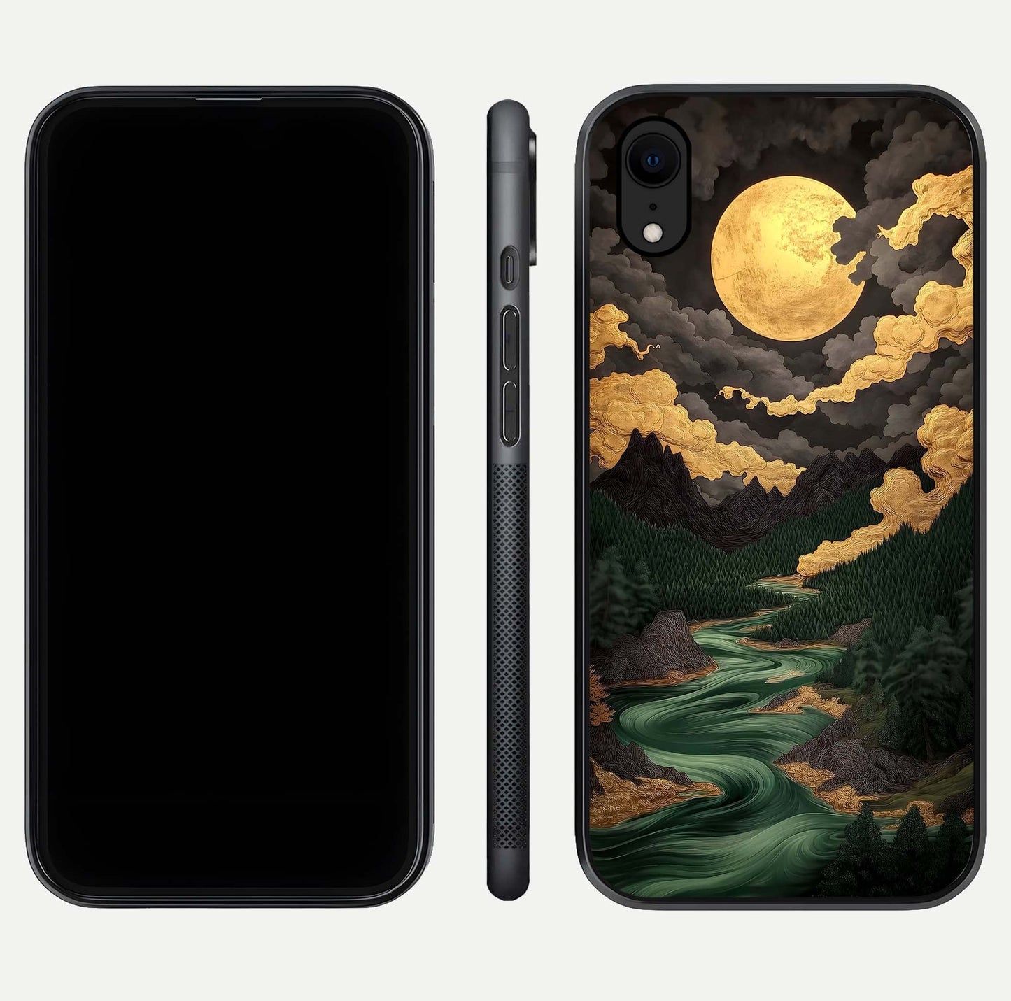 Golden River Moon Glass Case for iPhone Xr front and back view layout displaying celestial glow and smooth curves