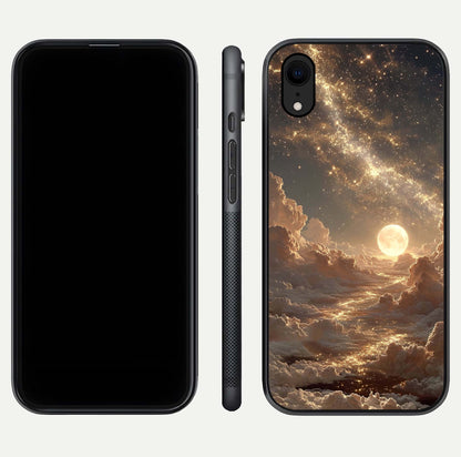 Golden Sky Dream Glass Case for iPhone Xr front and back view layout highlighting celestial gold hues and curved glass