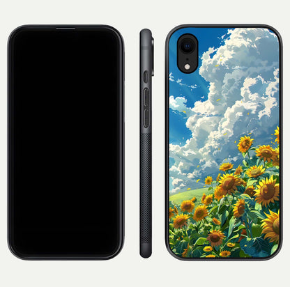Golden Sun Glory Glass Case for iPhone Xr front and back view layout displaying bright golden tones and curved edges