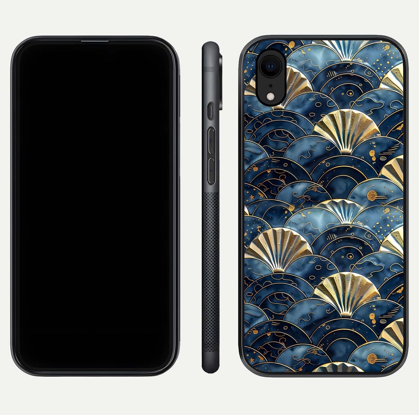 Golden Wave Luxe Glass Case for iPhone Xr front and back view layout highlighting fluid gold design and curved glass