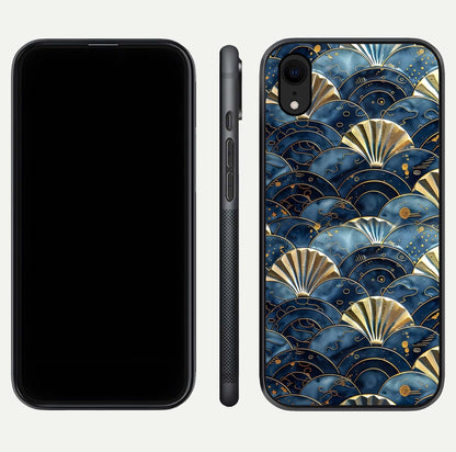 Golden Wave Luxe Glass Case for iPhone Xr front and back view layout highlighting fluid gold design and curved glass