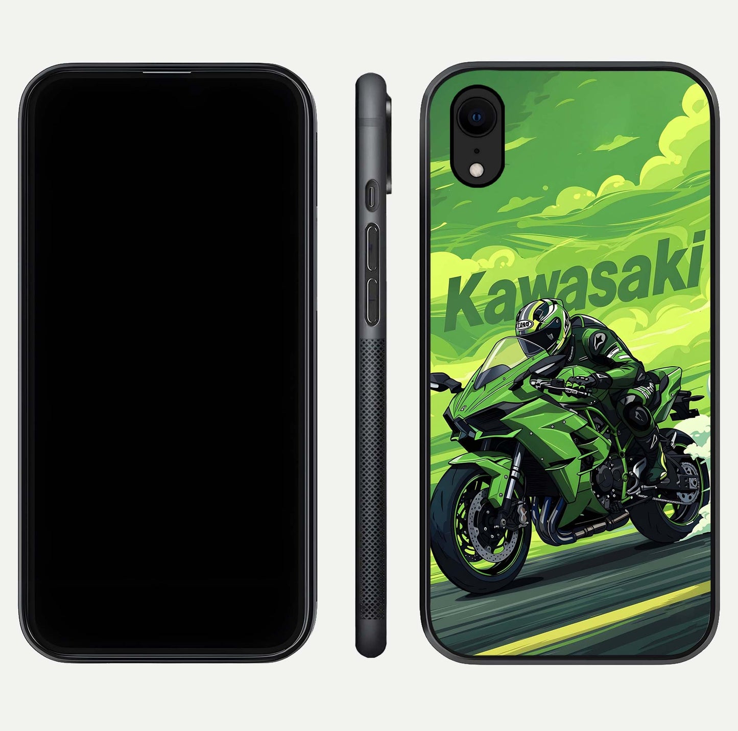 Green Kawasaki Glass Case for iPhone Xr front and back view layout highlighting vivid green tones and curved glass edges