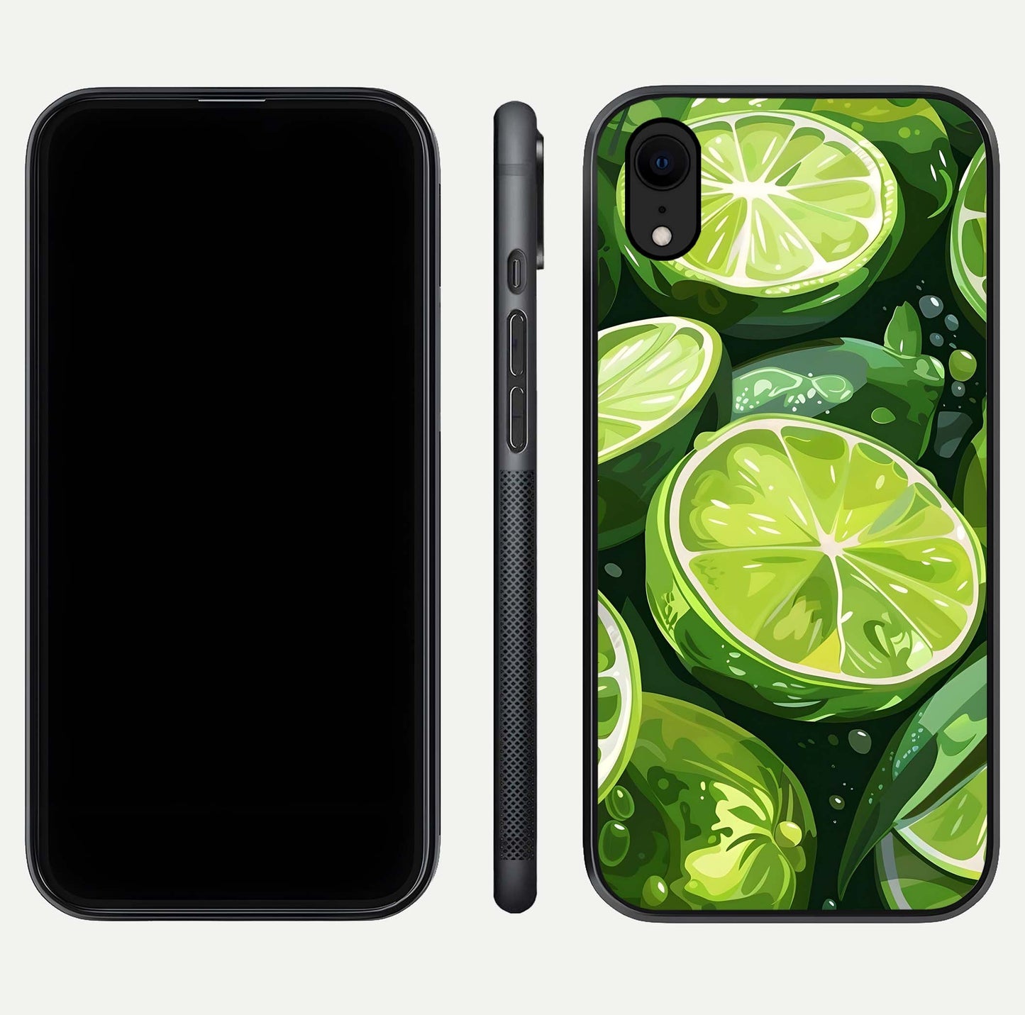 Green Lemon Glass Case for iPhone Xr front and back view layout displaying vibrant yellow-green hues and smooth edges