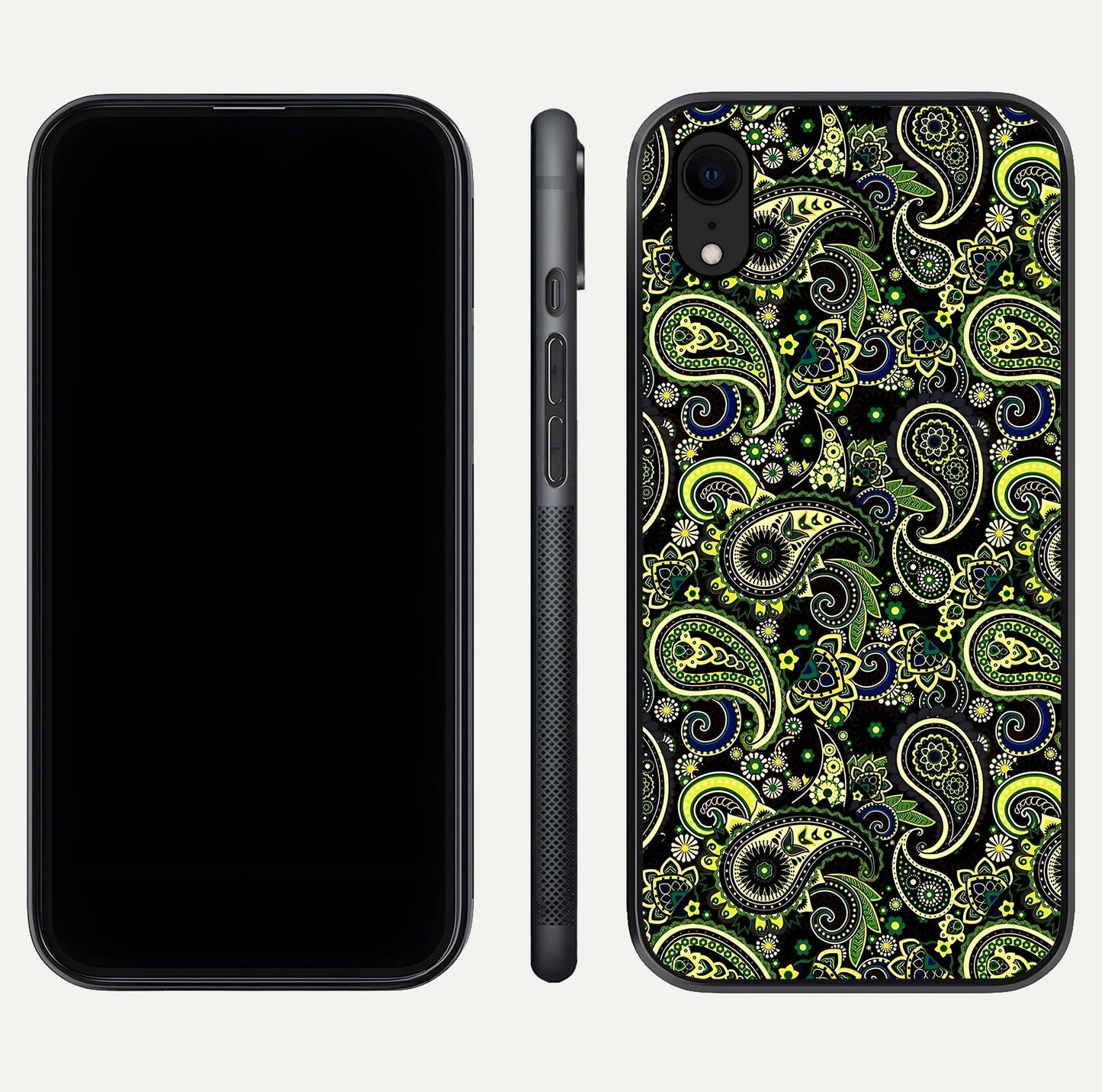 Green Mandala Pattern Glass Case for iPhone Xr front and back view layout highlighting geometric art and curved glass