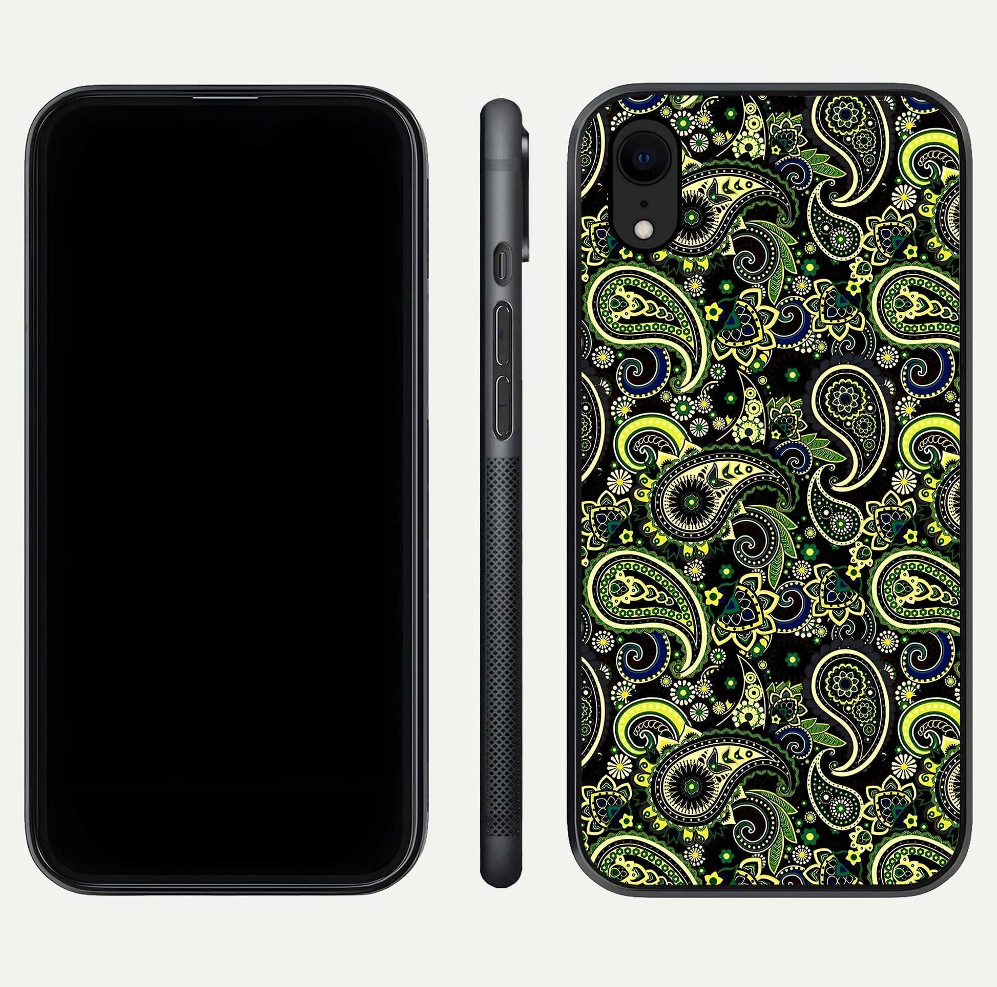 Green Mandala Pattern Glass Case for iPhone Xr front and back view layout highlighting geometric art and curved glass