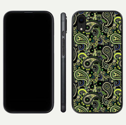 Green Mandala Pattern Glass Case for iPhone Xr front and back view layout highlighting geometric art and curved glass