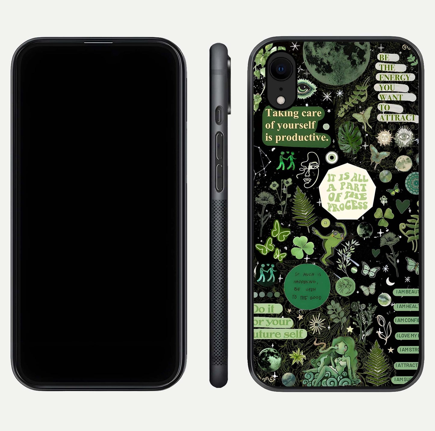 Green Moon Energy Glass Case for iPhone Xr front and back view layout highlighting cosmic tones and smooth edges