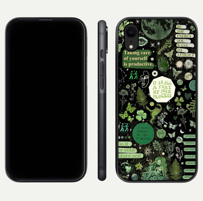 Green Moon Energy Glass Case for iPhone Xr front and back view layout highlighting cosmic tones and smooth edges