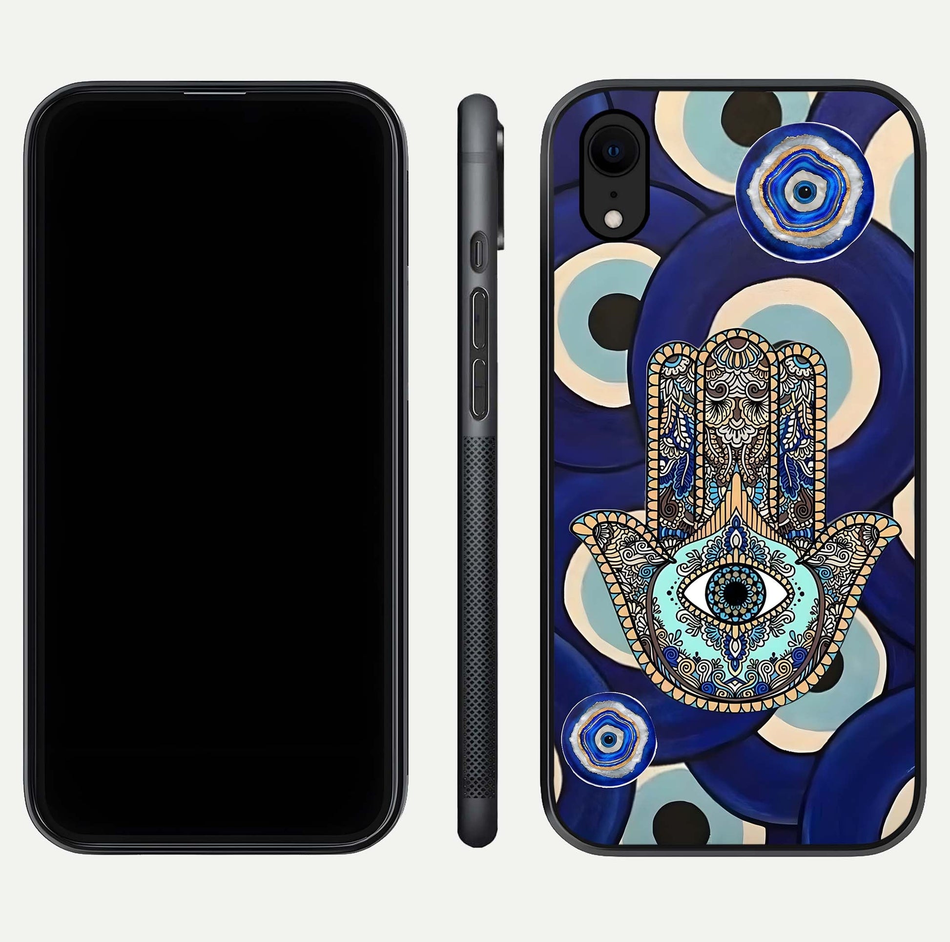 Hamsa Divine Guard Glass Case for iPhone Xr front and back view layout highlighting spiritual artwork and smooth edges