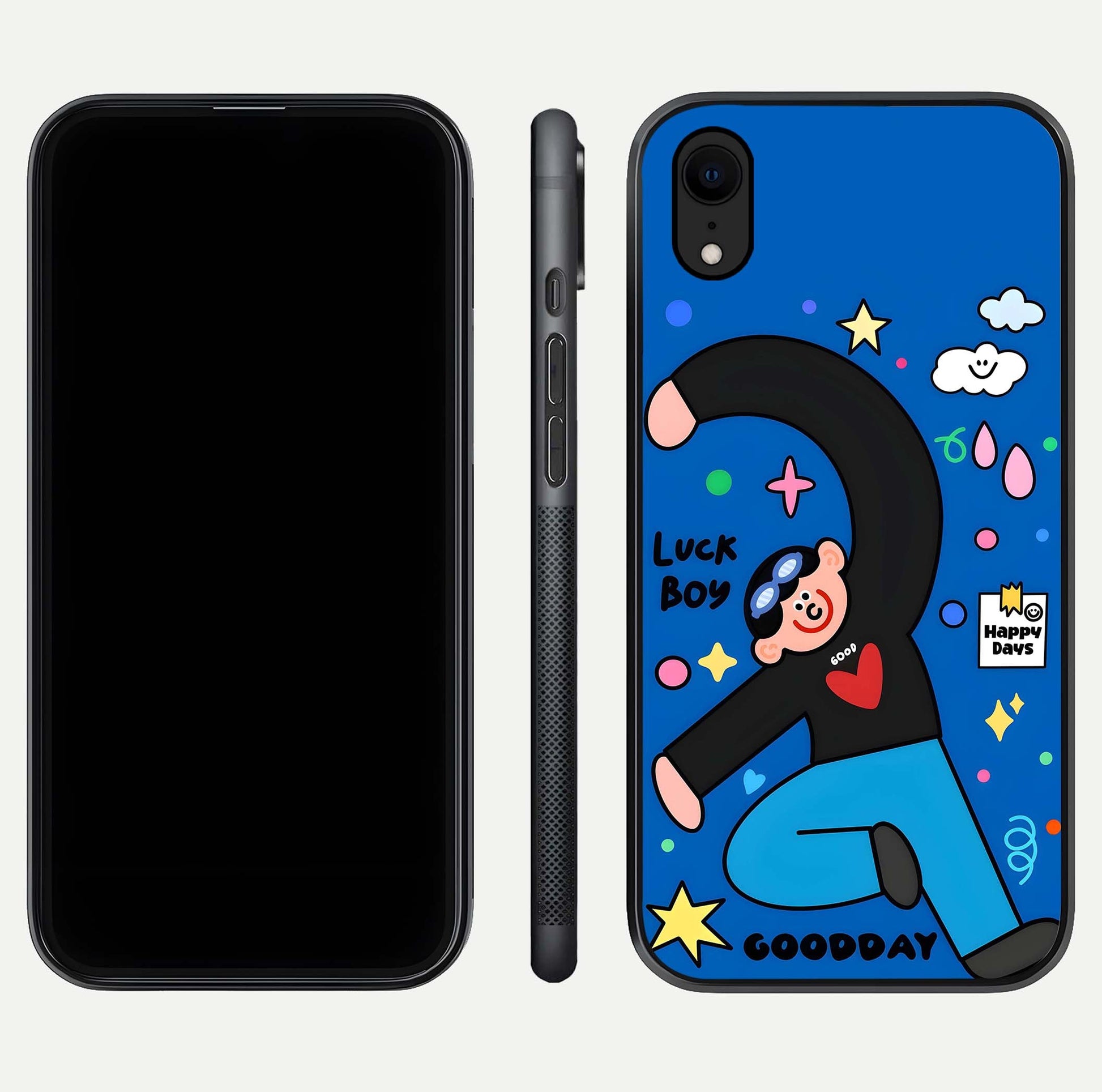 Happy Luck Vibe Glass Case for iPhone Xr front and back view layout highlighting positive motif and curved edges