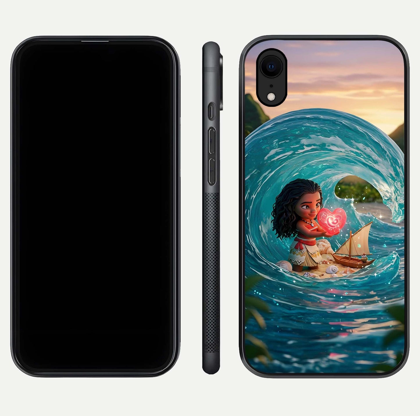 Heart of Ocean Glass Case for iPhone Xr front and back view layout highlighting sea-themed art and curved glass edges