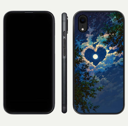 Heart with Moon Sky Glass Case for iPhone Xr front and back view layout displaying celestial tones and curved glass