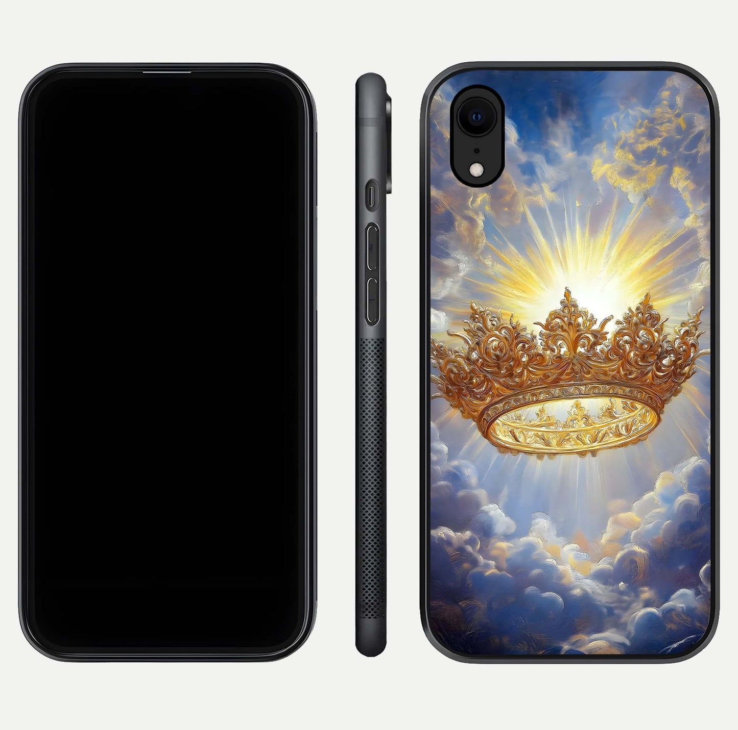 Heavenly Crown Light Glass Case for iPhone Xr front and back view layout highlighting golden aura tones and curved glass edges