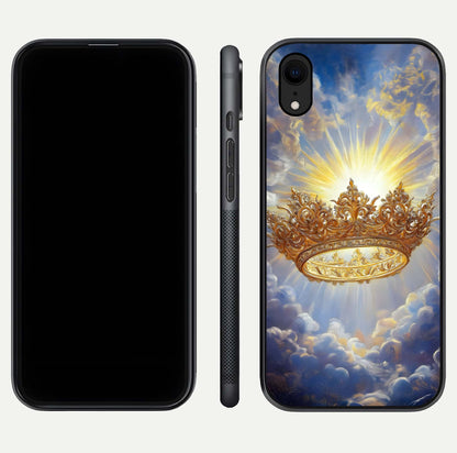 Heavenly Crown Light Glass Case for iPhone Xr front and back view layout highlighting golden aura tones and curved glass edges