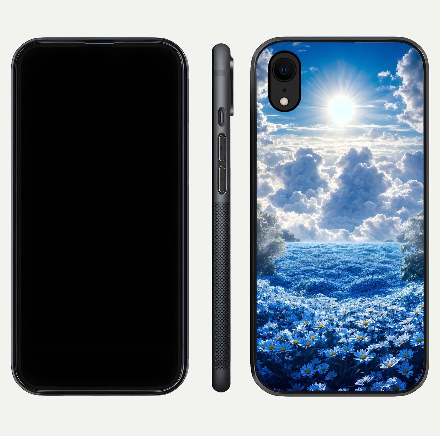 Heavenly Daisy Horizon Glass Case for iPhone Xr front and back view layout highlighting floral field tones and curved edges