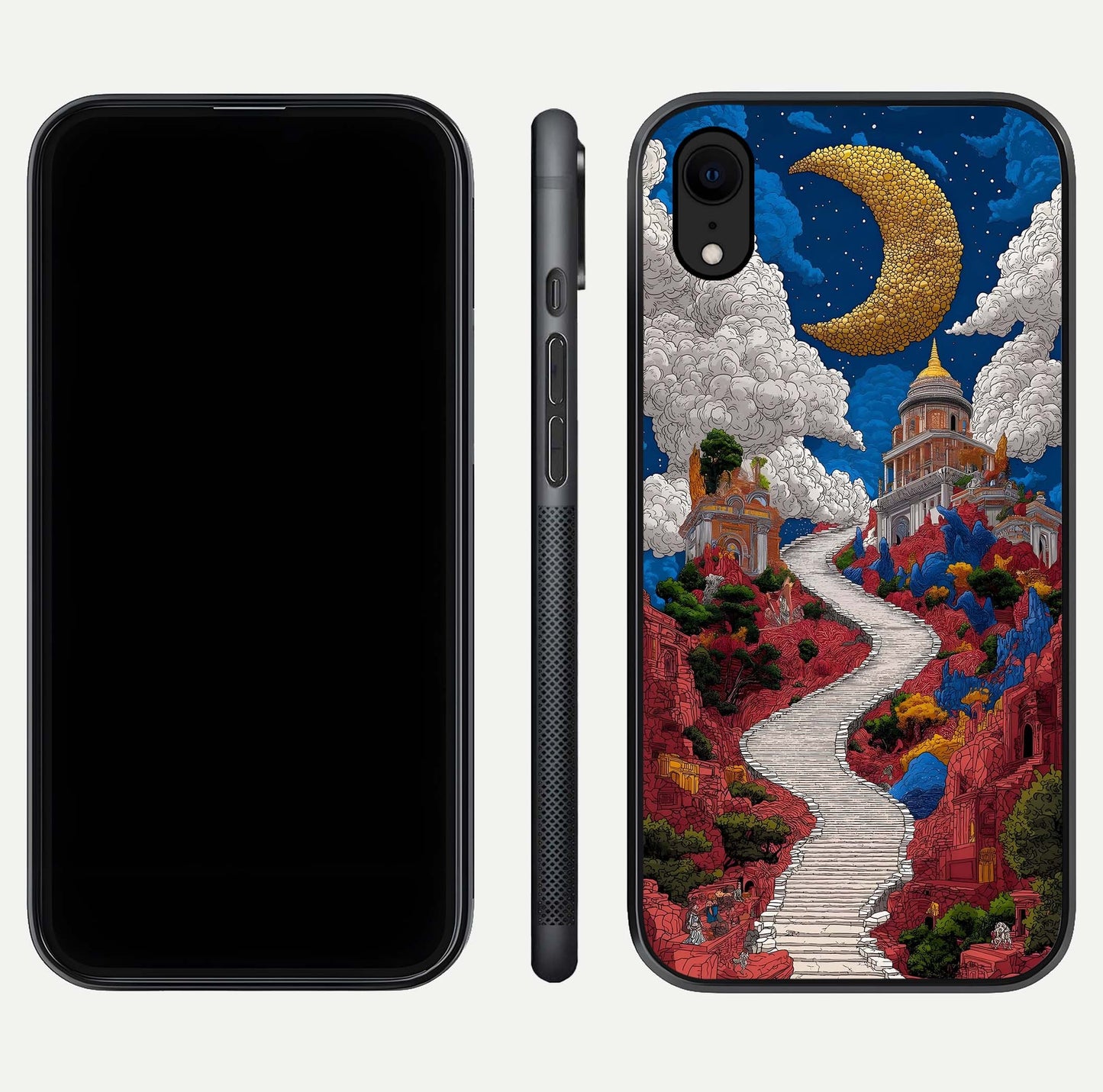 Heavenly Moon Path Glass Case for iPhone Xr front and back view layout displaying night sky tones and curved glass edges