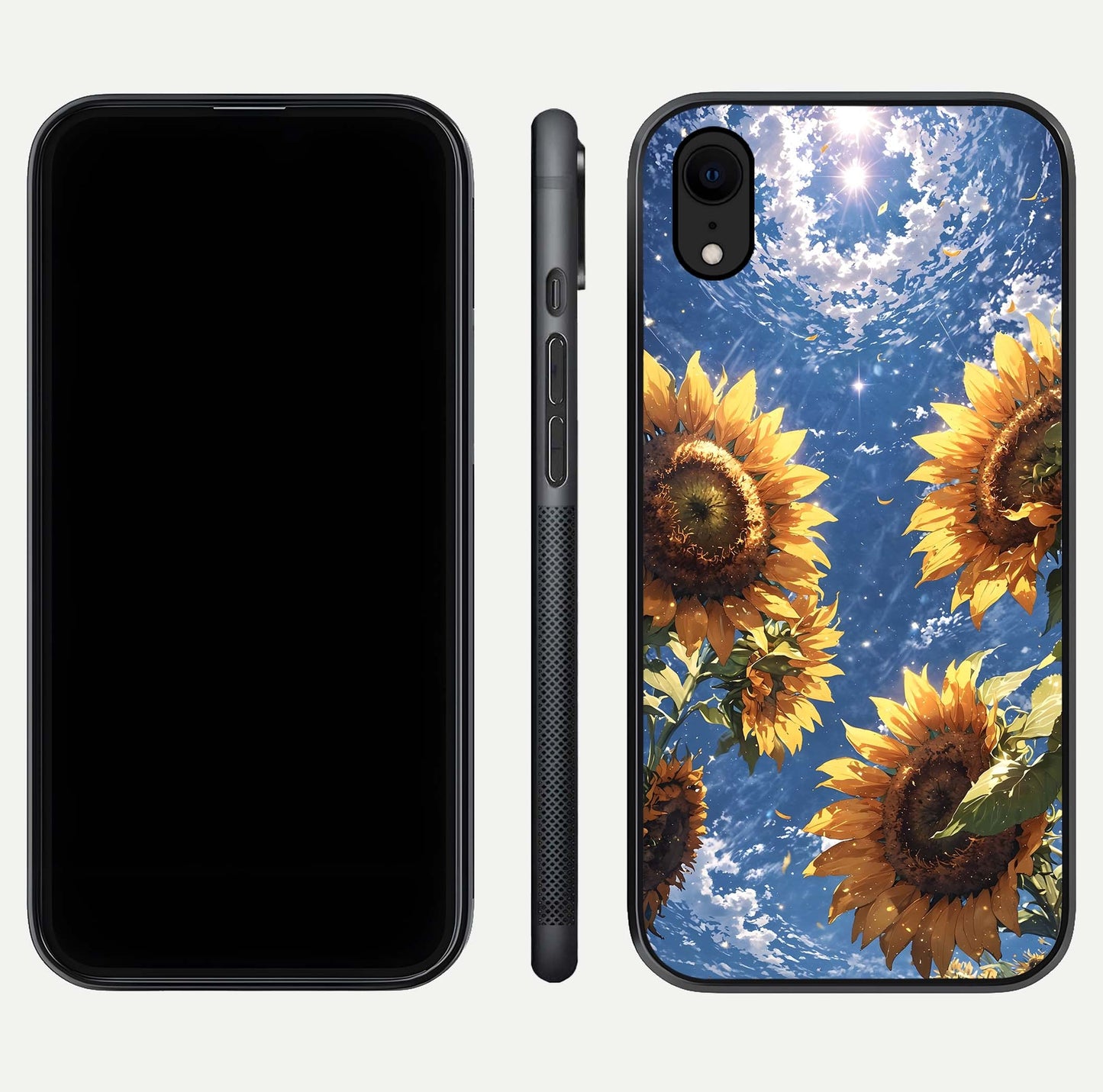 Heavenly Sunflower Rise Glass Case for iPhone Xr front and back view layout highlighting golden floral tones and curved edges