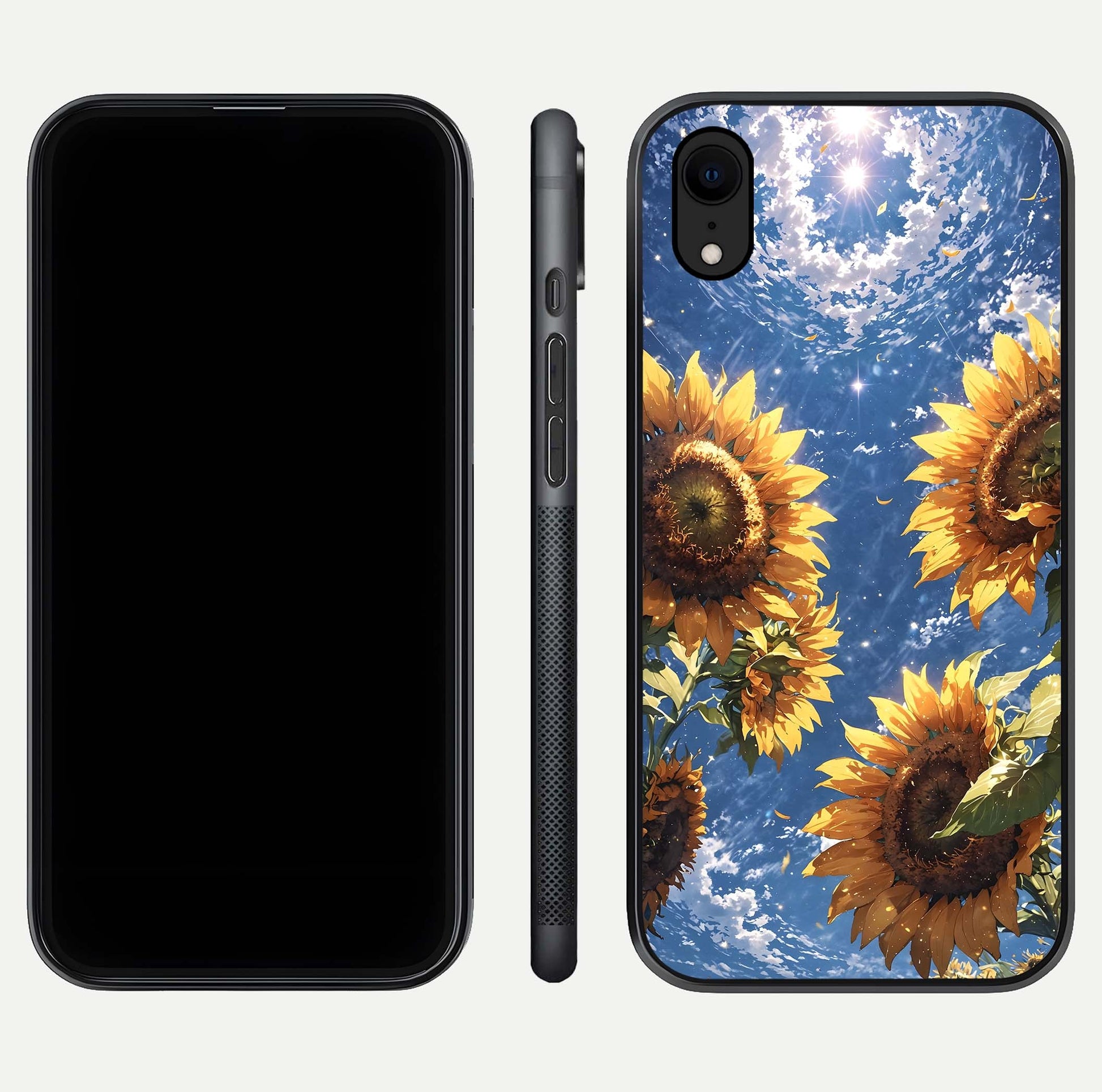 Heavenly Sunflower Rise Glass Case for iPhone Xr front and back view layout highlighting golden floral tones and curved edges