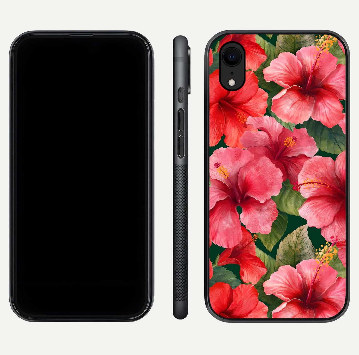 Hibiscus Pattern Glass Case for iPhone Xr front and back view layout highlighting tropical design and curved glass edges