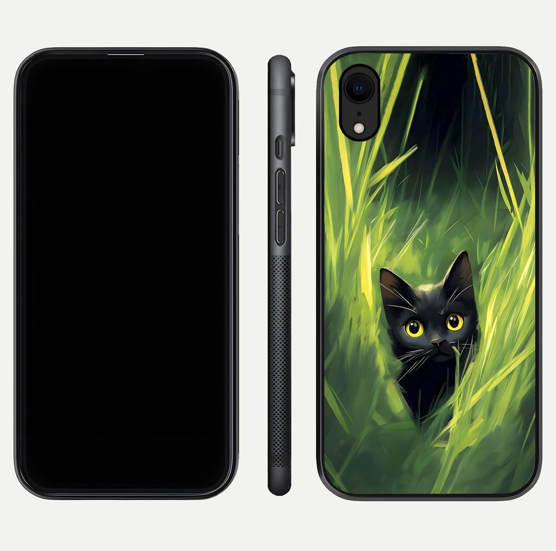 Hidden Cat Whisper Glass Case for iPhone Xr front and back view layout highlighting minimalist art and curved edges
