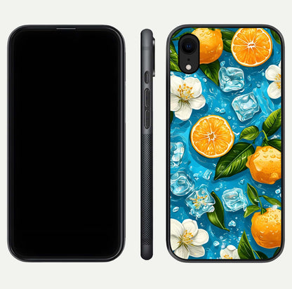 Ice Cube With Orange Glass Case for iPhone Xr front and back view layout highlighting fresh orange tones and curved edges