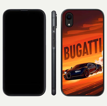Inferno Bugatti Storm Glass Case for iPhone Xr front and back view layout highlighting car silhouette and curved glass edge