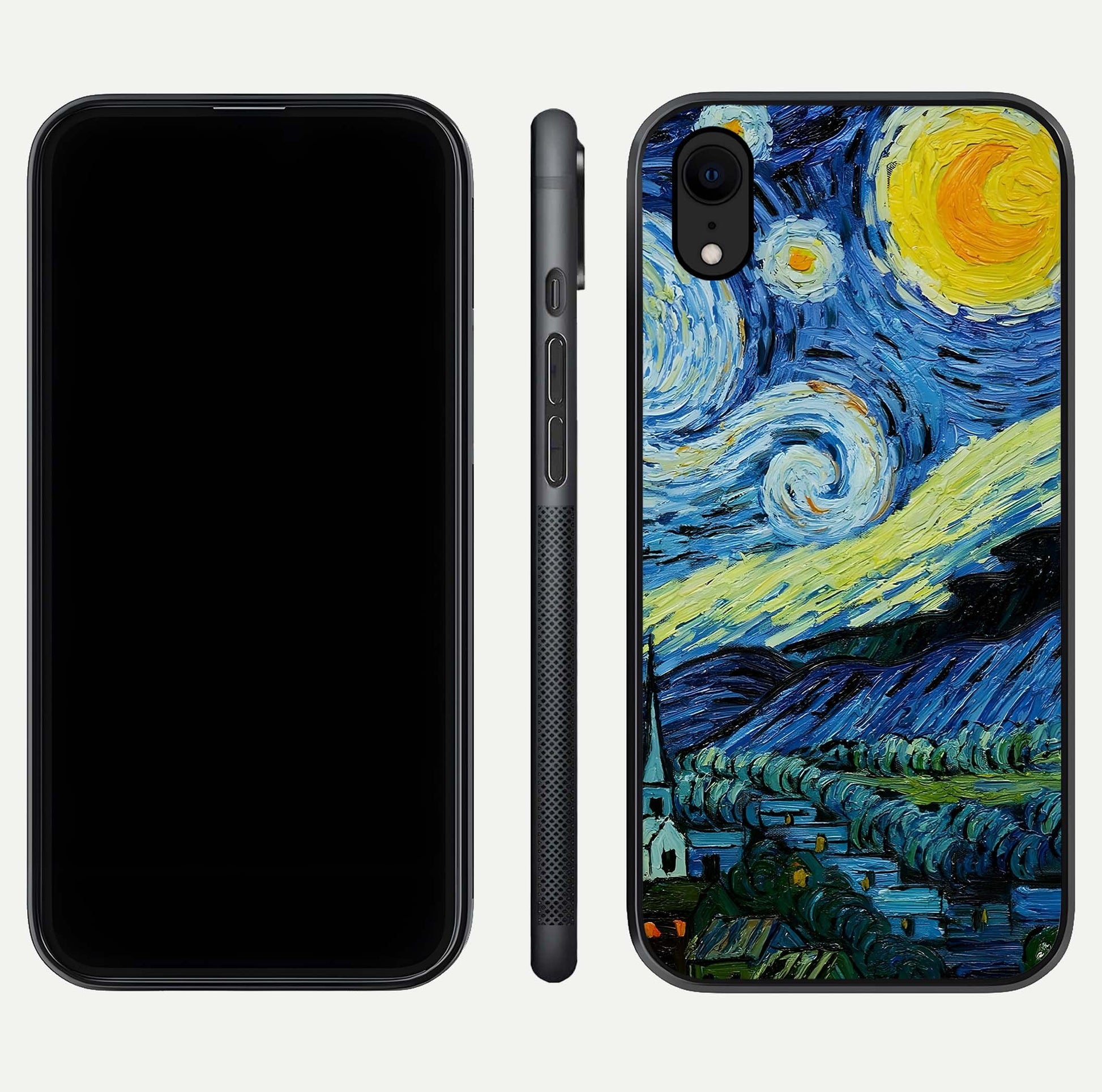 Inspired Van Gogh Art Glass Case for iPhone Xr front and back view layout displaying vivid color tones and curved glass edges