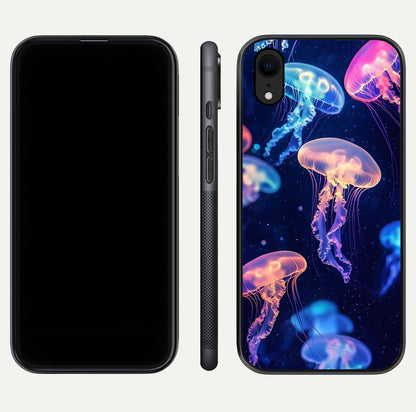Jellyfish Pattern Glass Case for iPhone Xr front and back view layout highlighting aquatic tones and curved edges