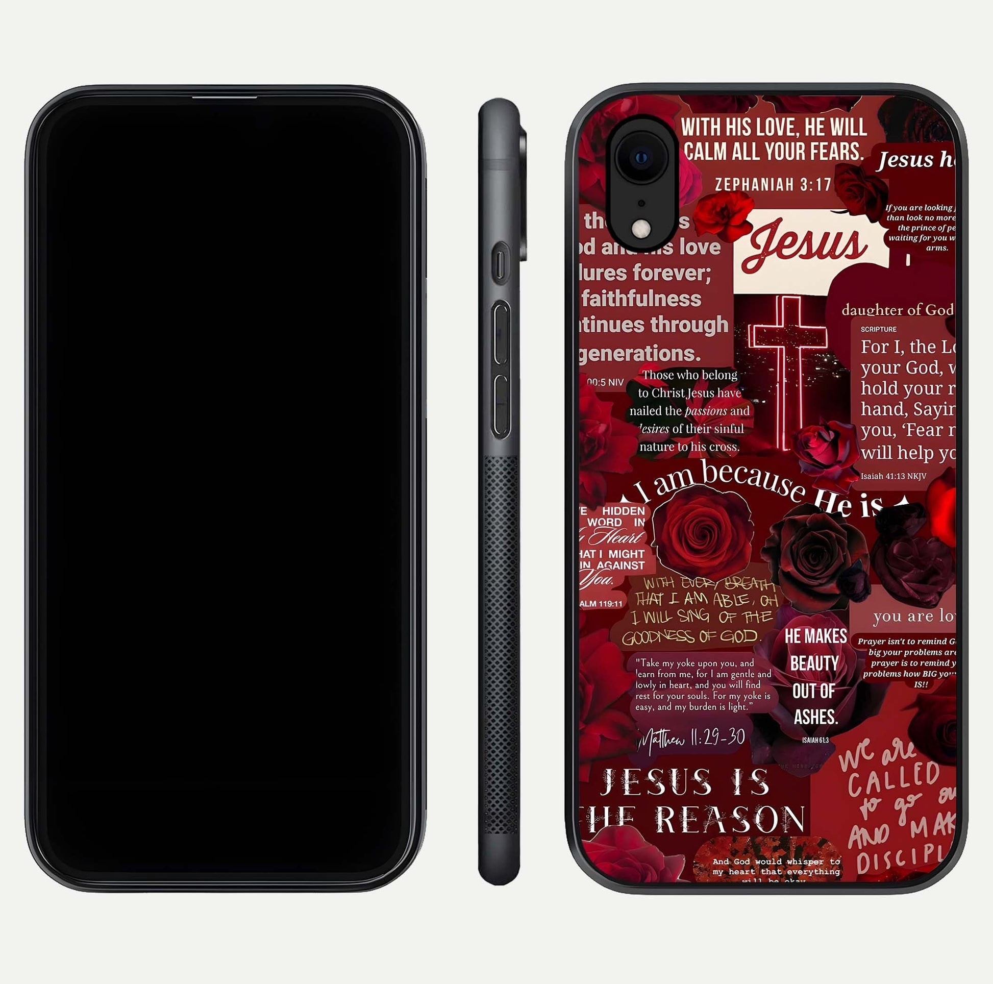 Jesus Love Heals Glass Case for iPhone Xr front and back view layout with elegant typography and smooth edges