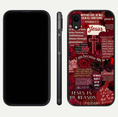 Jesus Love Heals Glass Case for iPhone Xr front and back view layout with elegant typography and smooth edges