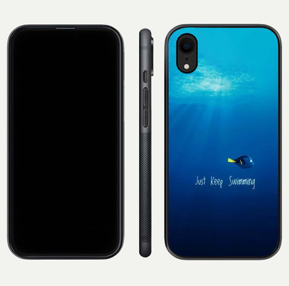 Just Keep Swimming Glass Case for iPhone Xr front and back view layout with smooth glass edges and HD text clarity