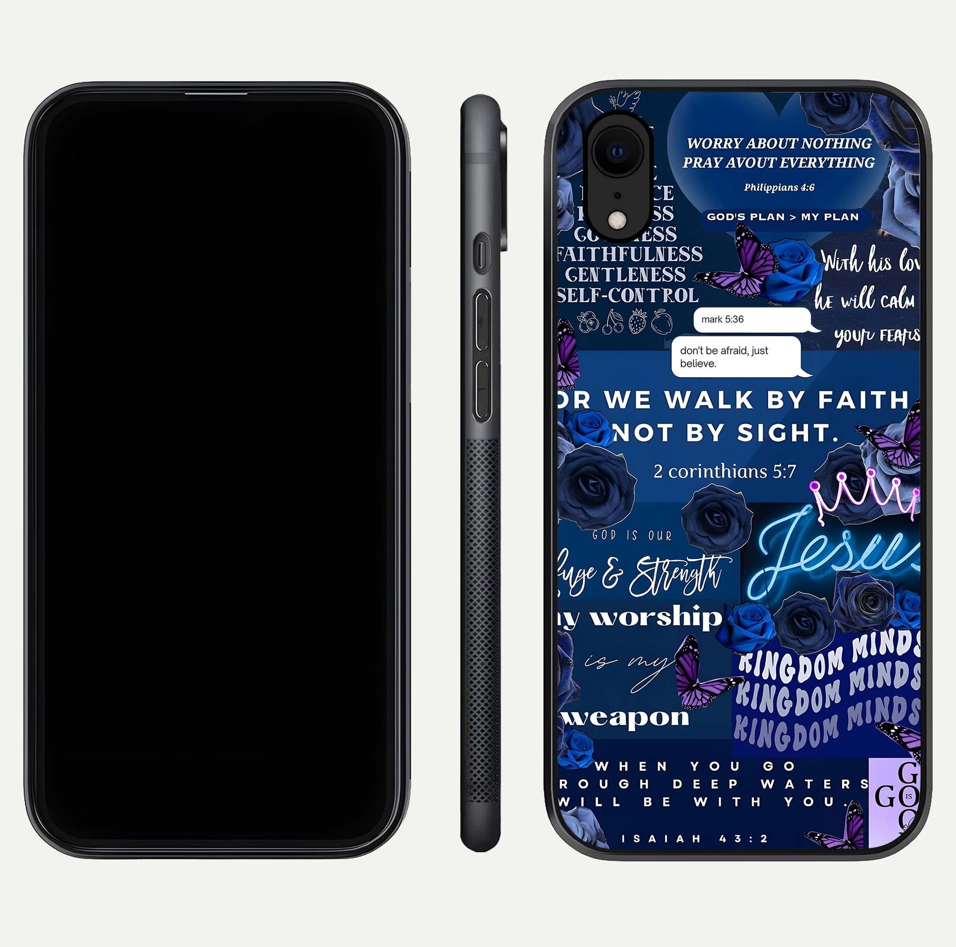 Kingdom Faith Glow Glass Case for iPhone Xr front and back view layout highlighting radiant spiritual design