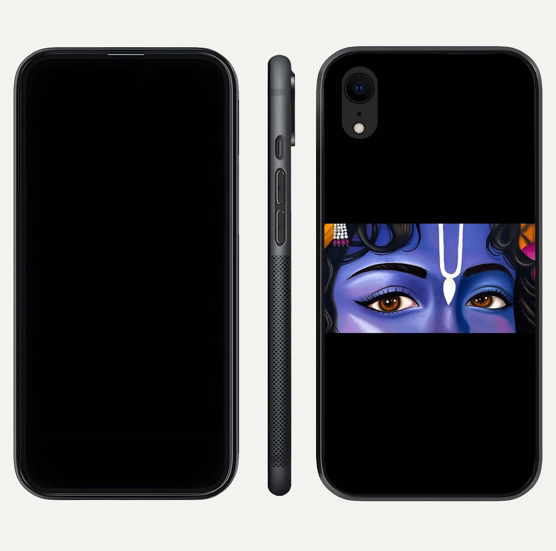 Krishna Eye Glass Case for iPhone Xr front and back view layout highlighting detailed spiritual motif