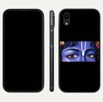 Krishna Eye Glass Case for iPhone Xr front and back view layout highlighting detailed spiritual motif
