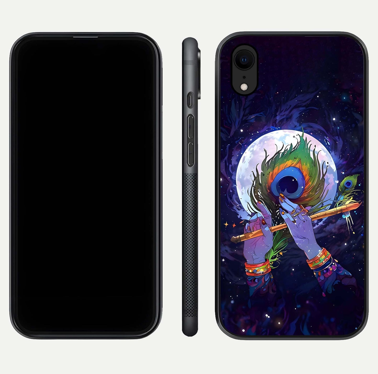 Krishna Hands Art Glass Case for iPhone Xr front and back view layout displaying soft edges and spiritual tones