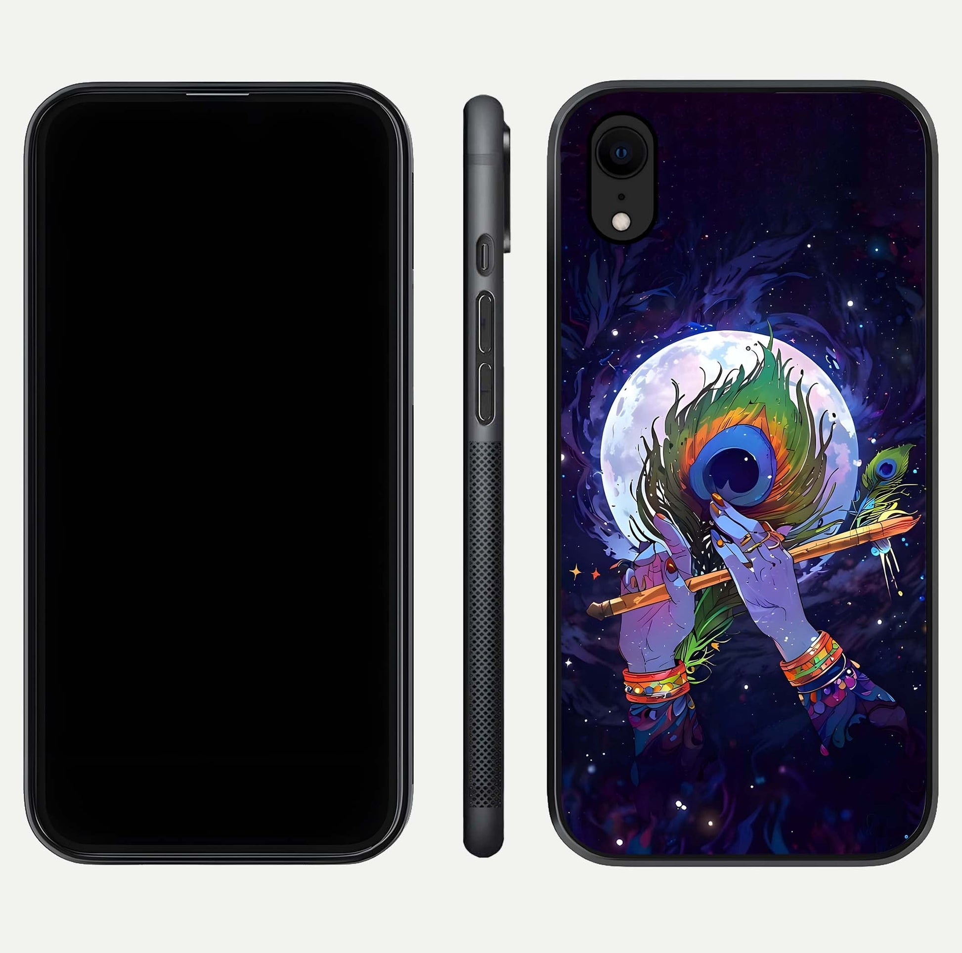 Krishna Hands Art Glass Case for iPhone Xr front and back view layout displaying soft edges and spiritual tones