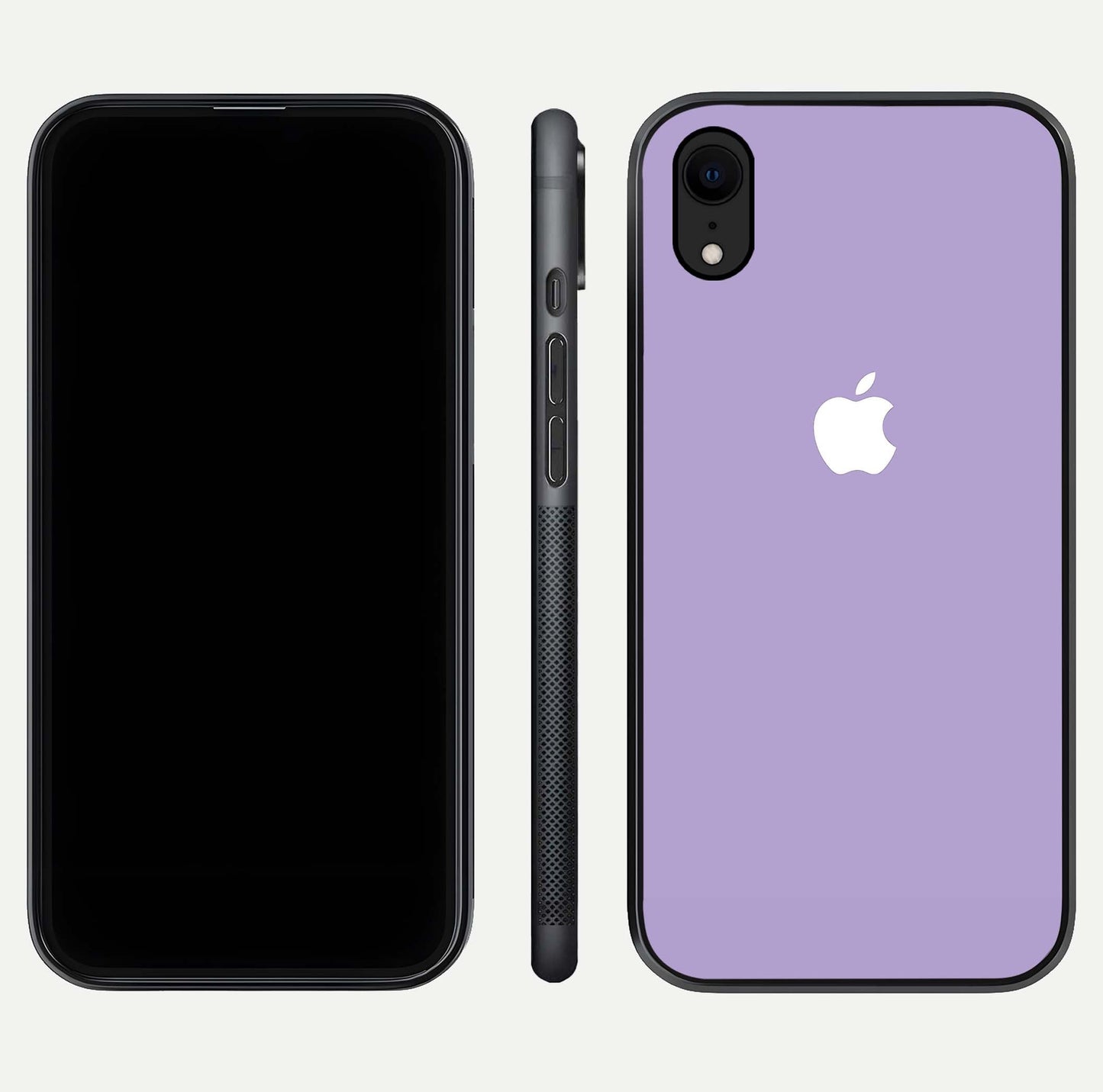 Lavender Soft Minimal Glass Case for iPhone Xr front and back view layout highlighting soft hue and curved edges