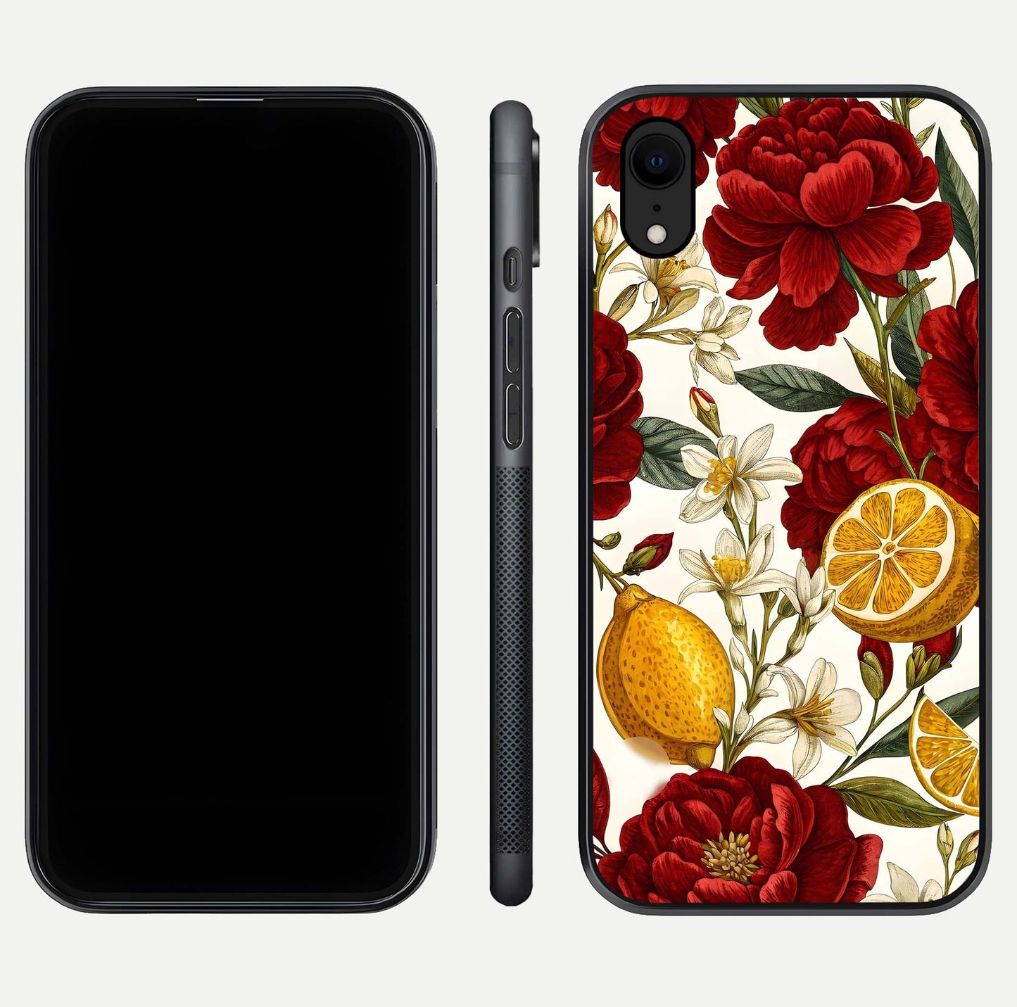 Lemon Rose Charm Glass Case for iPhone Xr front & back layout highlighting soft yellow tones and curved edges