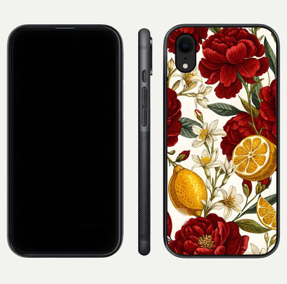 Lemon Rose Charm Glass Case for iPhone Xr front & back layout highlighting soft yellow tones and curved edges