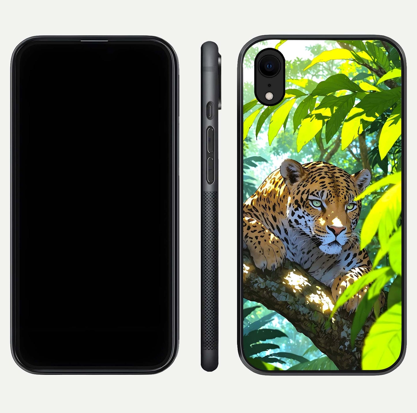 Leopard in Jungle Glass Case for iPhone Xr front & back layout with premium edge detailing and vivid jungle art