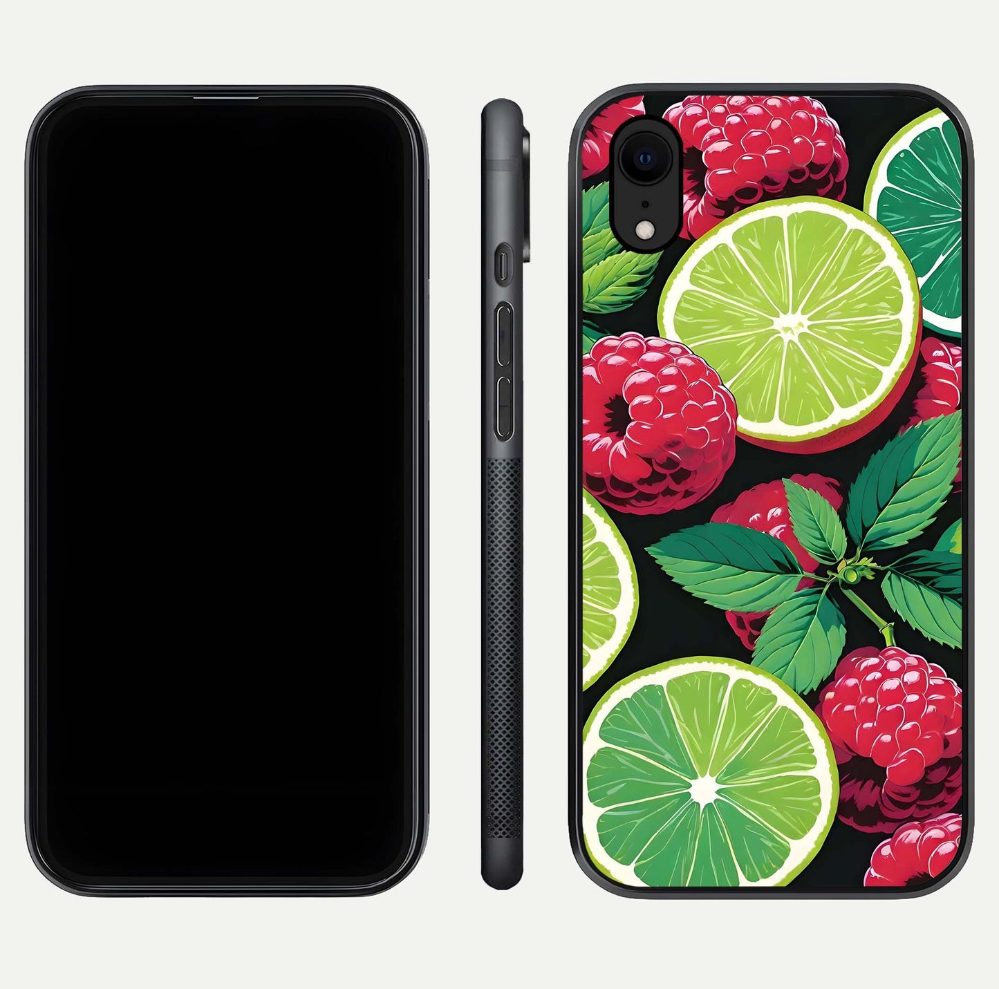 Lime and Raspberry Pattern Glass Case for iPhone Xr front & back layout highlighting fresh summer tones