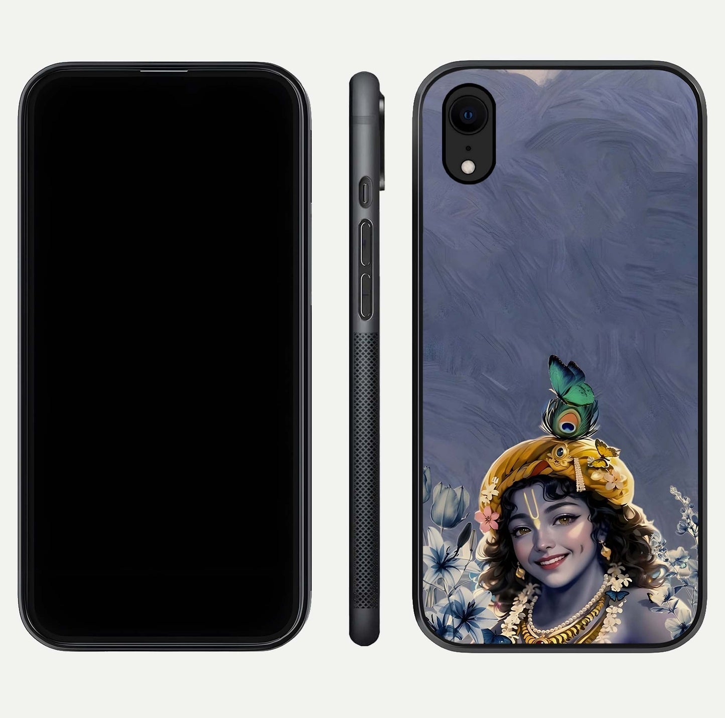 Lord Krishna Glass Case for iPhone Xr front & back layout displaying soft tones and elegant edges